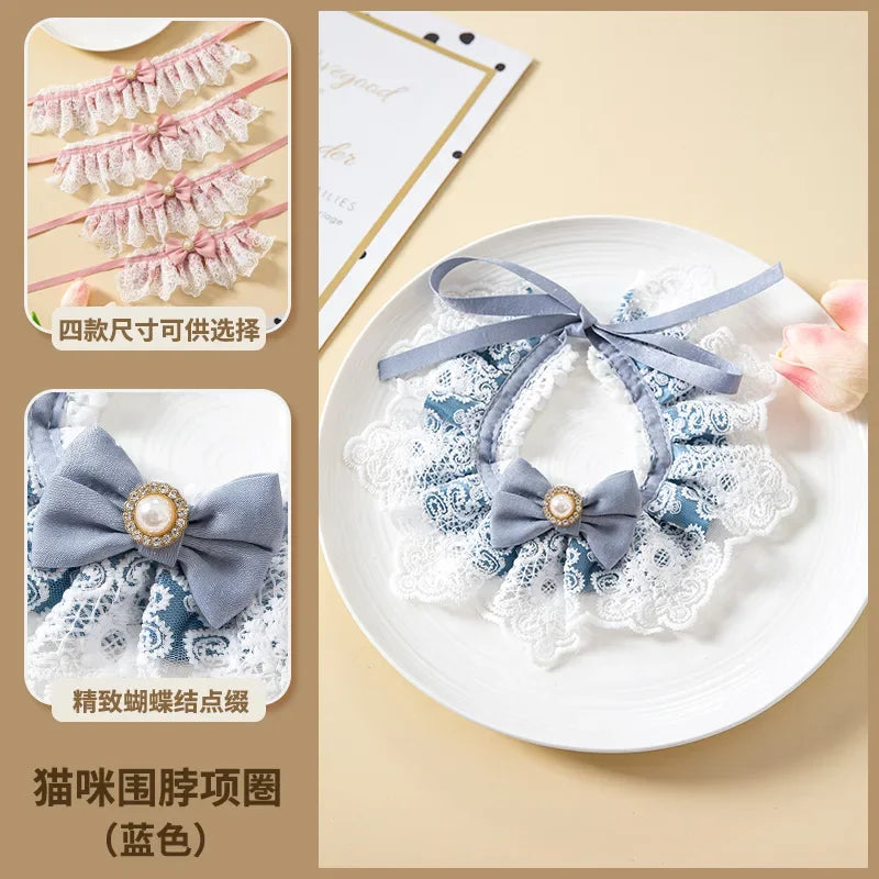 Bowtie Pearl Lace Collar Adjustable Cat Dog Bibs Pet Accessories Puppy Neckerchief Necklace Necktie Strap Scarf Pet Accessories