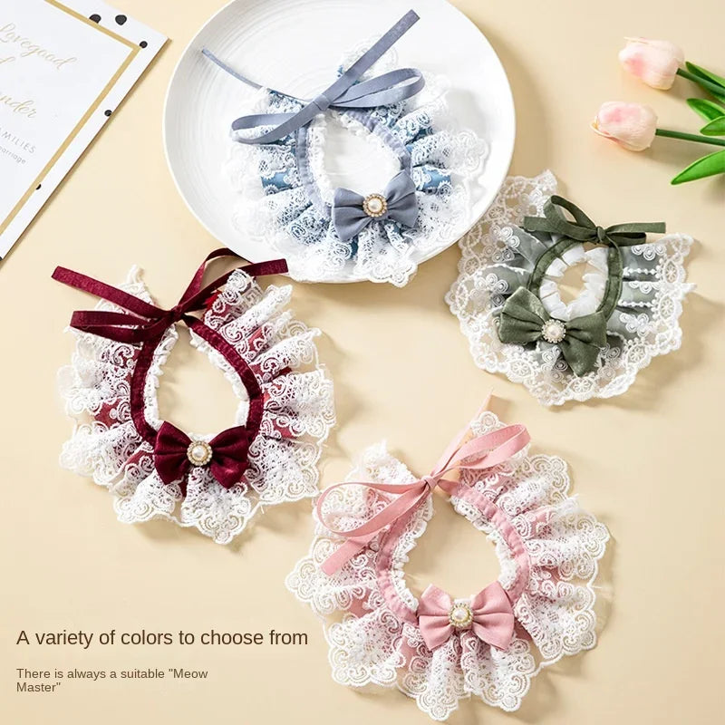 Bowtie Pearl Lace Collar Adjustable Cat Dog Bibs Pet Accessories Puppy Neckerchief Necklace Necktie Strap Scarf Pet Accessories